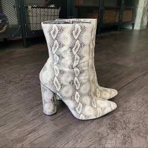 Snake print booties.